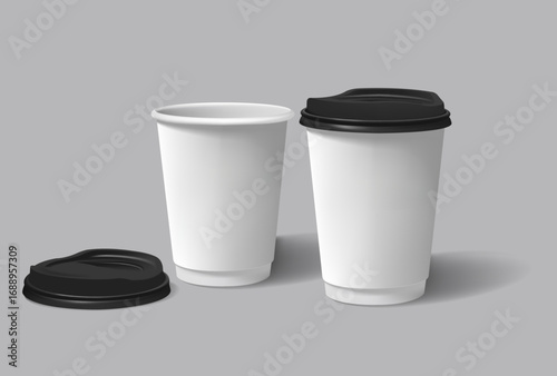 Coffee cup white with black lid vector. Template for cafes, design of the restaurant's corporate style. White cardboard coffee cup Mockup. Template disposable plastic and paperware for hot drinks