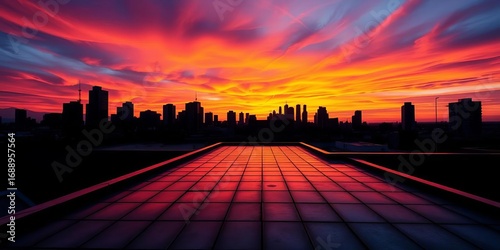 Silhouetted rooftop skyline at sunset, fiery sky reflecting on tiles, texture, urban