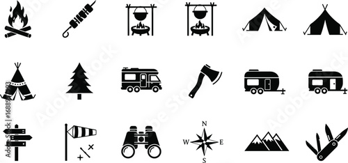 Camping and outdoor adventure icons, vector set including fire, tent, camper, trees, axe, compass, mountains, and tools.