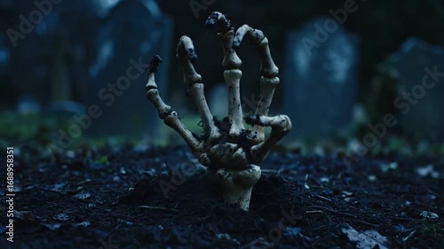 A skeletal hand emerges from dark soil in a graveyard with tombstones blurred in the background