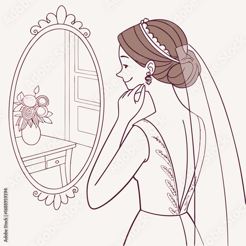 Bride Getting Ready in Elegant Wedding Dress, Brown Line Art Illustration