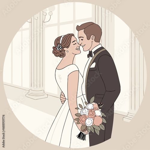 Elegant Bride and Groom Sharing a Kiss in a Pastel-Colored Room