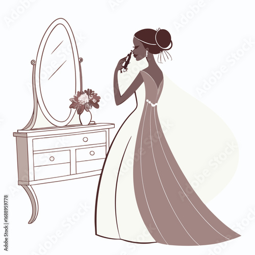 Elegant Bride Applying Makeup Before Wedding in Sepia Tones
