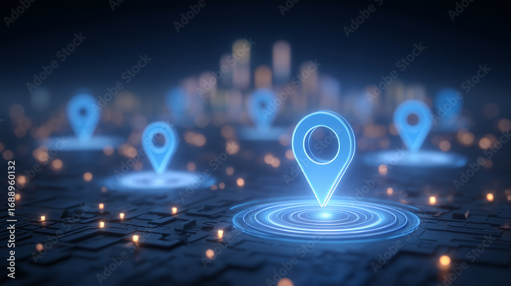 Obraz premium Map with glowing location pins and SEO icons representing local search optimization for businesses. local SEO, Google Business Profile, map search, SEO location, local marketing