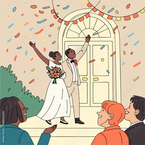Happy Couple Exiting Wedding Reception Amidst Confetti
