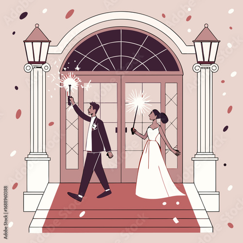 Happy Couple Exiting Wedding Venue with Sparklers