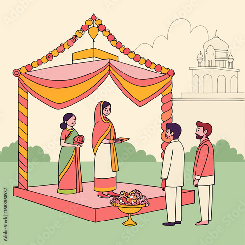 Indian Wedding Ceremony Illustration: Couple Getting Married Under a Colorful Mandap