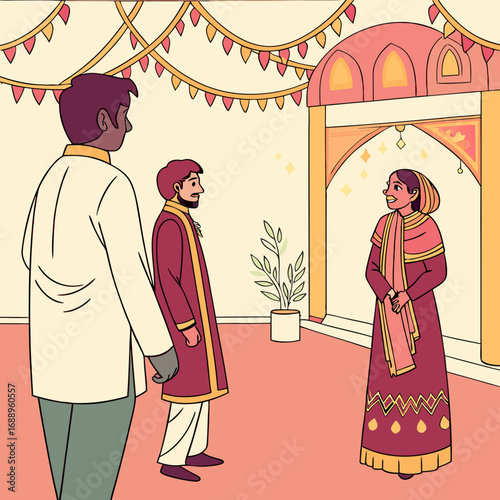 Indian Wedding Couple Greeting Guest in Decorated Room