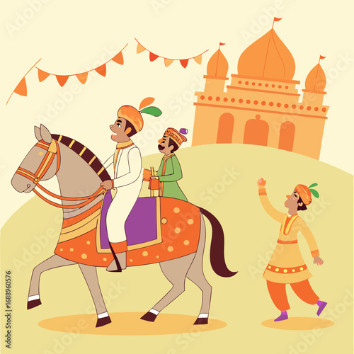 Indian Wedding Procession: Groom on Horseback with Attendants