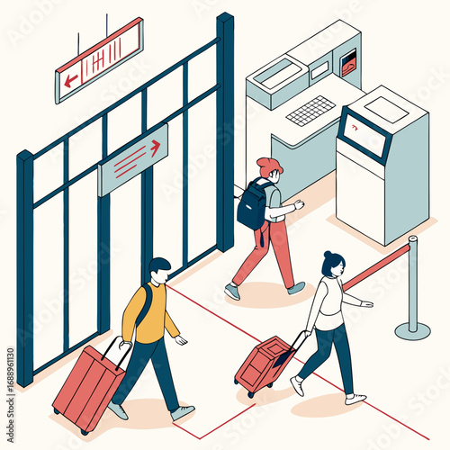 Isometric Illustration of Travelers with Luggage at Airport Terminal