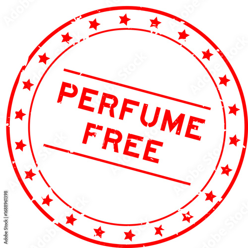 Grunge red perfume free word round seal stamp on white background