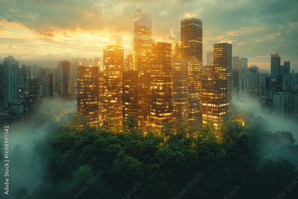 A misty sunrise illuminates a city skyline surrounded by lush greenery in an urban forest setting A misty sunrise illuminates a city skyline surrounded by lush greenery in an urban forest setting