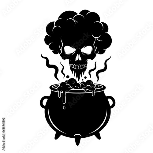 Skull with smoke rising from a bubbling cauldron silhouette isolated on white background