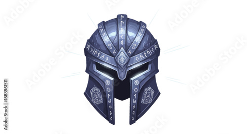 Ornate Ancient Warrior Helmet with Intricate Engravings and Metallic Sheen.