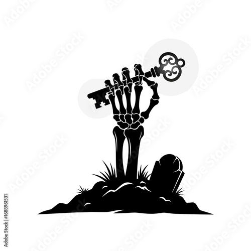 Skeleton hand emerging from grave holding antique key silhouette isolated on white background