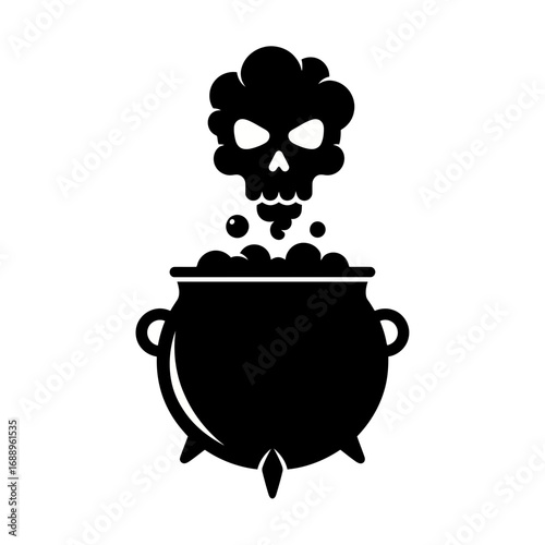 Skull shaped smoke rising from a cauldron silhouette isolated on white background