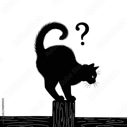 Black cat silhouette on wooden post with question mark isolated on white background