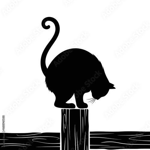 Black cat silhouette on wooden post isolated on white background