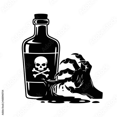 Monster claw reaching for poison bottle silhouette isolated on white background