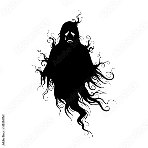 Crying ghost silhouette with swirling tendrils isolated on white background