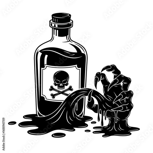 Monster hand reaching from spilled poison bottle silhouette isolated on white background
