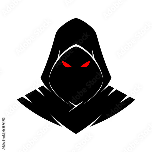 Mysterious hooded figure with glowing red eyes silhouette isolated on white background