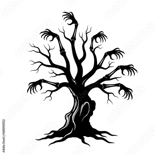 Spooky skeletal tree with hands silhouette isolated on white background