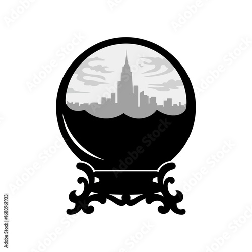 Crystal ball with city skyline silhouette isolated on white background