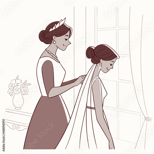 Mother Assisting Bride with Wedding Veil in Sepia-toned Illustration