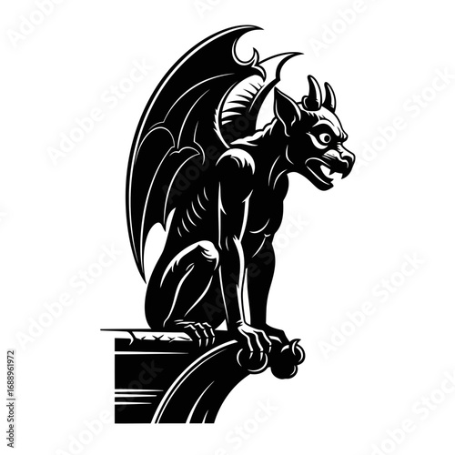 Gargoyle sitting on a ledge silhouette isolated on white background