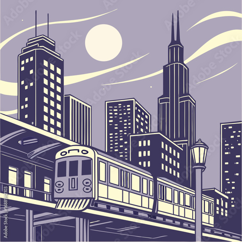 Night City Train Scene with Pastel Colors and Geometric Buildings