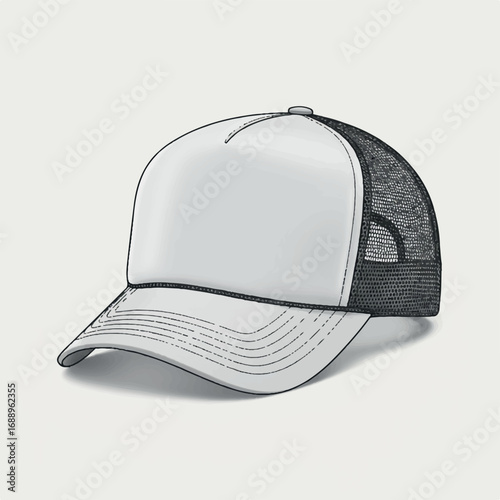 Minimalist Blank Trucker Hat Vector Illustration - Elevated Front View with Clear Panel and Mesh Back - Clean, Modern Design for Mockup
