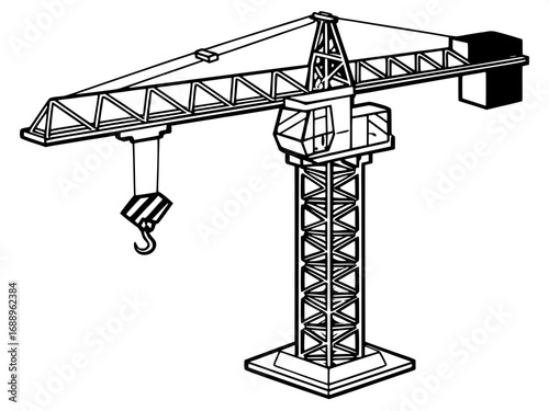 A construction crane, depicted in a simple, line-art style, is centered in the image. The crane is a dark navy blue with light gray/white details.  The crane is tall, with a vertical tower, a horizont