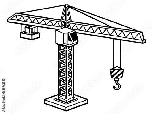 A construction crane, depicted in a simple, line-art style, is centered in the image. The crane is a dark navy blue with light gray/white details.  The crane is tall, with a vertical tower, a horizont