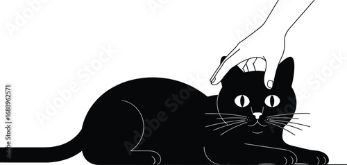 Hand petting black cat, affectionate animal, domestic feline, pet care, loving touch, cat lover illustration, black cat outline.