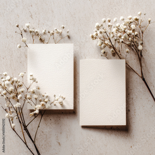 Two blank textured cards are elegantly placed on neutral background, surrounded by delicate sprigs of white baby breath flowers, creating minimalist and serene composition