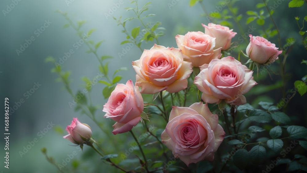 Obraz premium Cluster of pink roses in a garden setting with greenery and soft light. Nature and floral beauty, concept. Garden and nature photography. The concept of natural flowers and botanical beauty