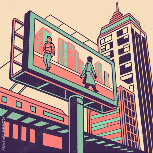 Pixel Art Cityscape: Figures on a Billboard