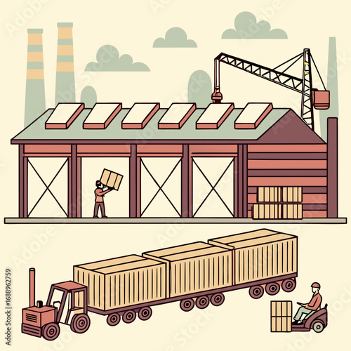 Pixel Art Illustration of Wood Factory with Crane and Forklifts