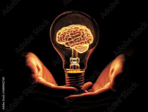 Two hands gently cradle a glowing light bulb containing a brain, symbolizing creativity and innovation. This imaginative representation highlights the connection between ideas and intelligence.