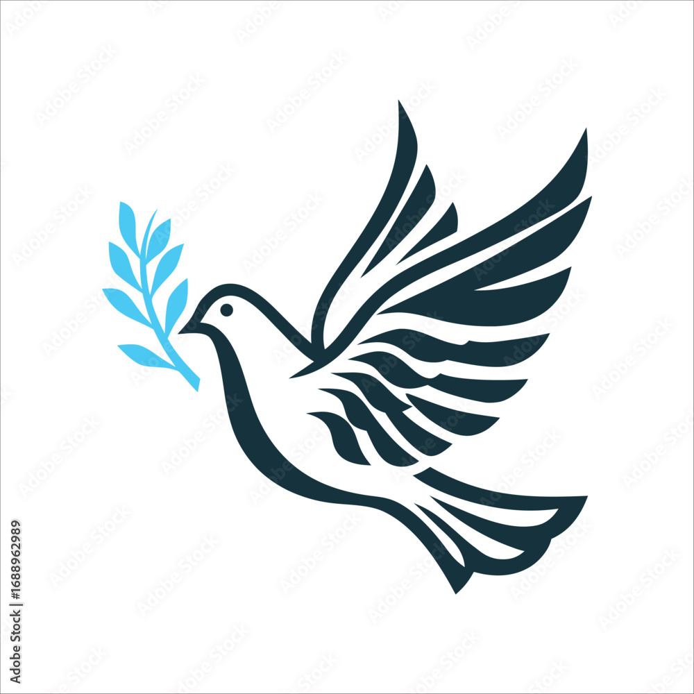 Fototapeta premium Dove with Olive Branch Symbol of Peace Victory Day October 6 Dove mid flight with an olive branch simplified to angular white shapes