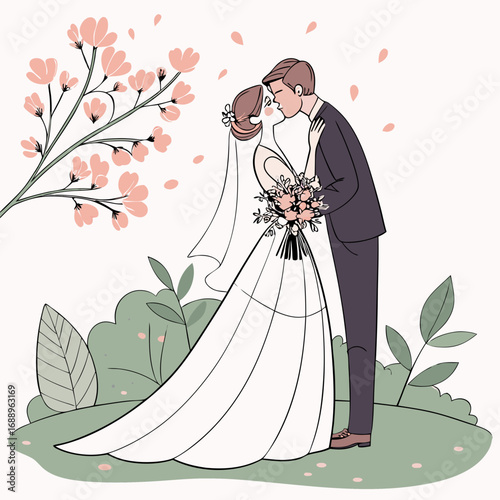 Romantic Couple Kissing Under Cherry Blossoms Wedding Illustration