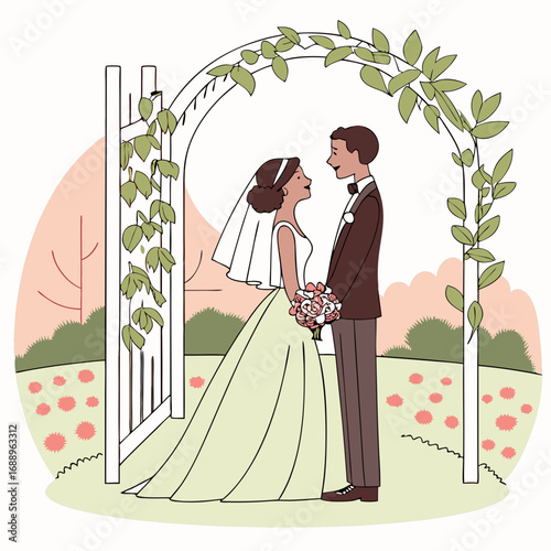 Romantic Wedding Couple Under Floral Arch