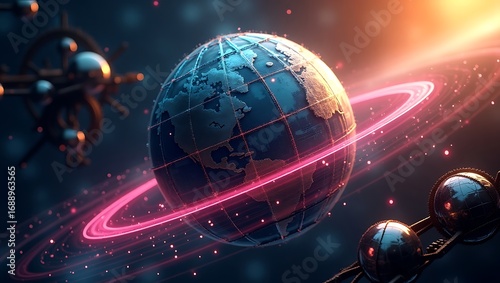 Fototapeta Naklejka Na Ścianę i Meble -  Futuristic earth with neon ring and space stations
