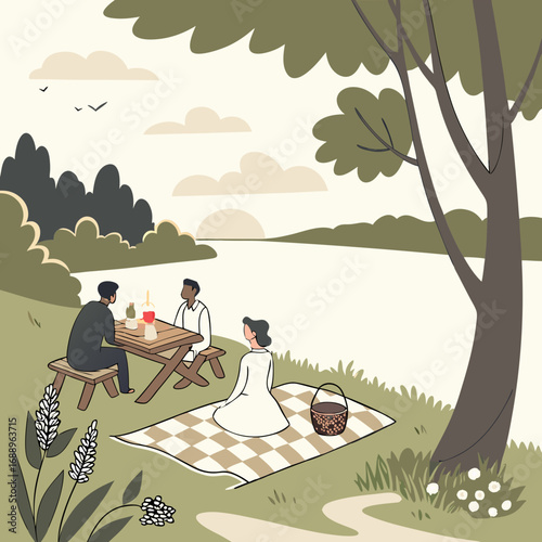 Tranquil Lakeside Picnic: Three Friends Enjoying a Summer Evening