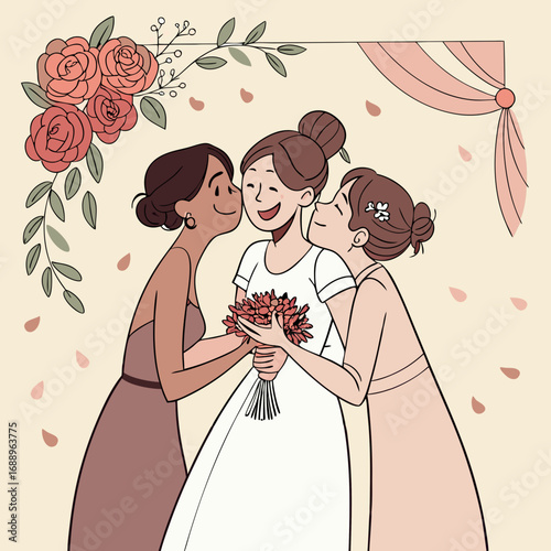 Three Women Celebrating Wedding with Kisses and Flowers