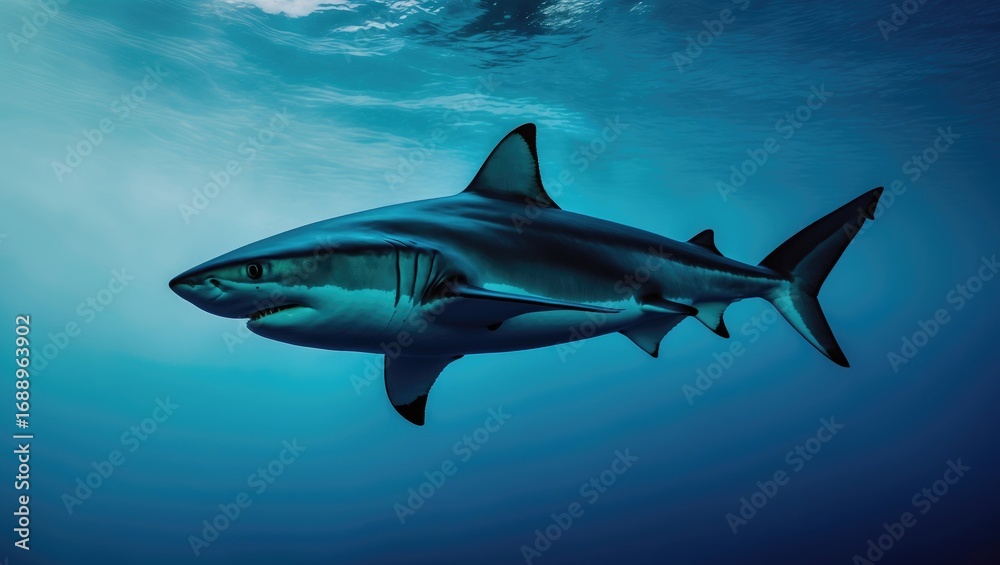 Fototapeta premium Shark swimming in the ocean with blue water background. Marine animal and predator, underwater scene, and wildlife. The concept of ocean life and marine species.