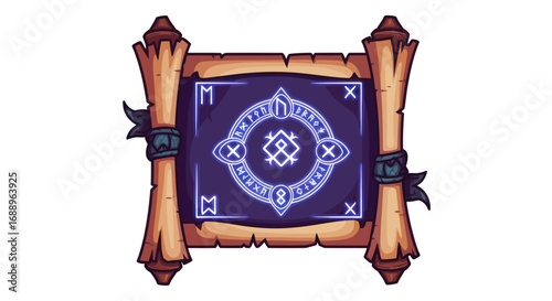 Ancient Scroll with Glowing Magical Symbol and Wooden Rollers.
