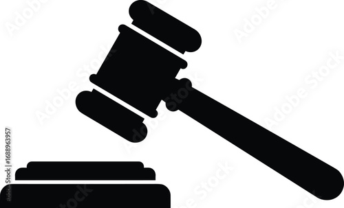 Judge’s gavel with sound block silhouette, law symbol, legal justice icon, courtroom tool, judicial hammer vector illustration.