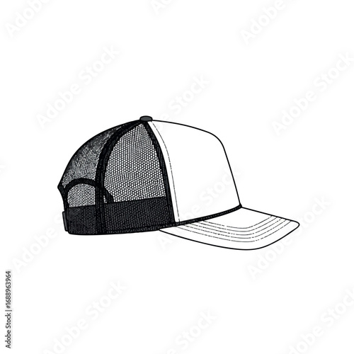 Clean Trucker Hat Side Profile Flat 2D Vector Illustration - Unbranded Cap Template with Flat Front and Mesh Back for Custom Design